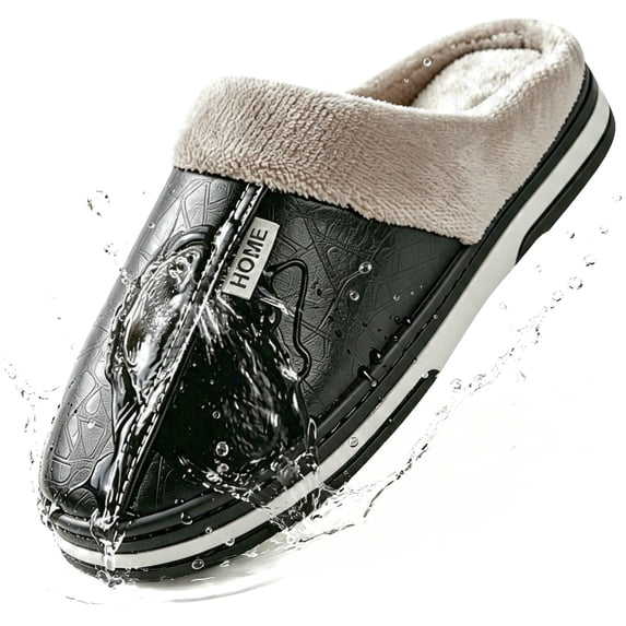 Knivor Scuff House Slippers for Men PU Waterproof Slip On Warm Fuzzy Fleece Lined Non Slip Thick Sole Indoor Outdoor Winter Slippers