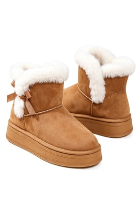 Side Bow Platform Ankle Snow Boots for Women Suede Faux Fur Cuff Short Winter Booties Slip On Non Slip Thick Sole Indoor Outdoor Warm Cold Weather Shoes