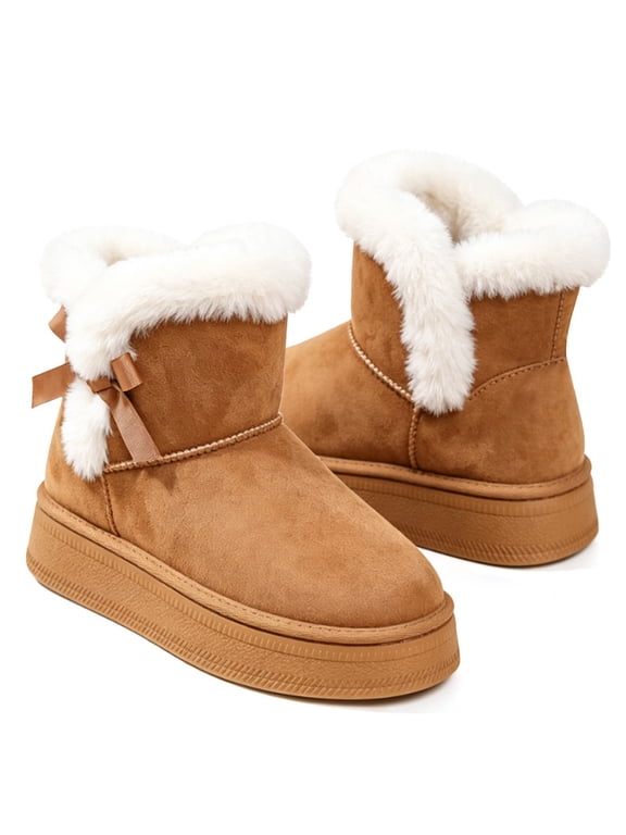 Side Bow Platform Ankle Snow Boots for Women Suede Faux Fur Cuff Short Winter Booties Slip On Non Slip Thick Sole Indoor Outdoor Warm Cold Weather Shoes