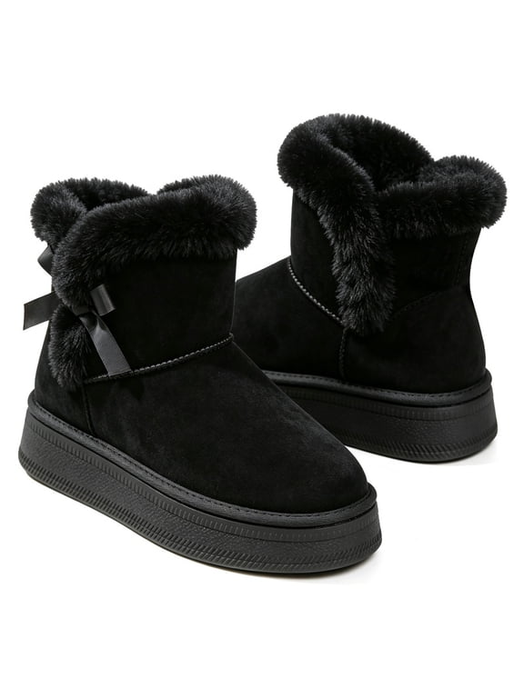 Side Bow Platform Ankle Snow Boots for Women Suede Faux Fur Cuff Short Winter Booties Slip On Non Slip Thick Sole Indoor Outdoor Warm Cold Weather Shoes