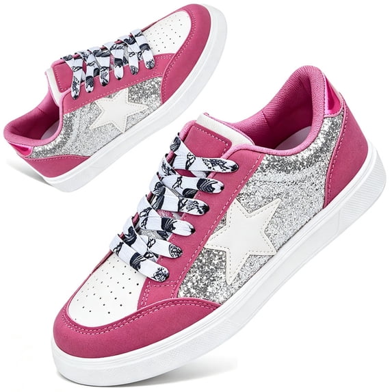 Knivor Sneakers for Women Low Top Lace Up Flat Skate Shoes Glitter Star Fashion Casual Walking Tennis Board Shoes