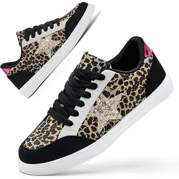 Knivor Sneakers for Women Low Top Lace Up Flat Skate Shoes Glitter Star Fashion Casual Walking Tennis Board Shoes