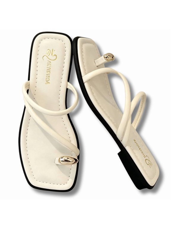 Toe Ring Sandals for Women Square Open Toe Slip On Slide Sandals Summer Beach Comfort Thong Sandals for Casual Dressy Occasions