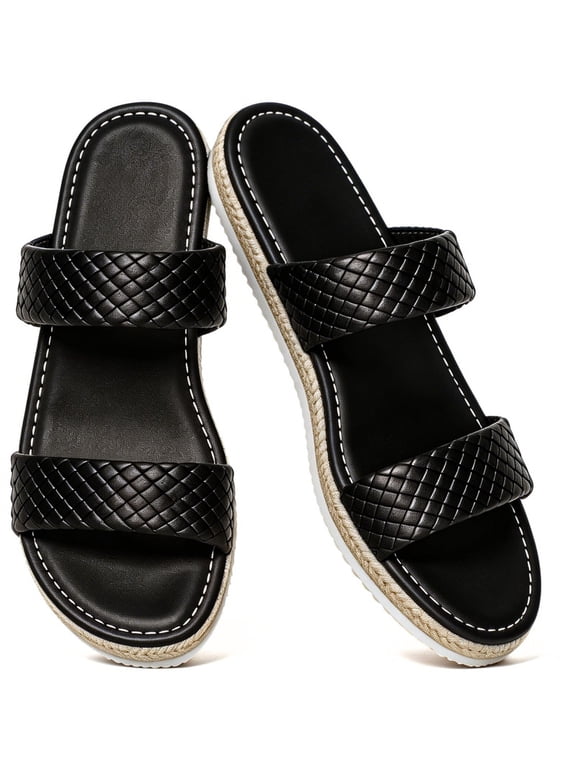 Two-Band Braided Espadrille Slide for Women Open Toe Flat Slip On Sandals with Jute Non Slip Sole Cushioned Footbed for Summer Casual Women Sandals