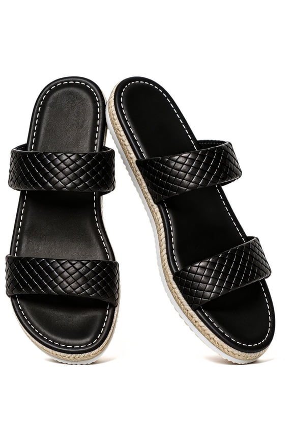 Two-Band Braided Espadrille Slide for Women Open Toe Flat Slip On Sandals with Jute Non Slip Sole Cushioned Footbed for Summer Casual Women Sandals