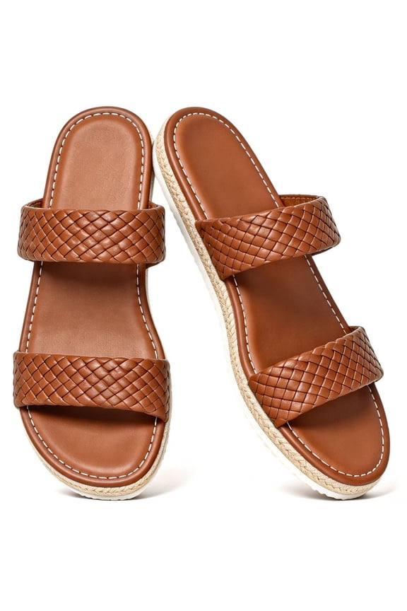 Two-Band Braided Espadrille Slide for Women Open Toe Flat Slip On Sandals with Jute Non Slip Sole Cushioned Footbed for Summer Casual Women Sandals
