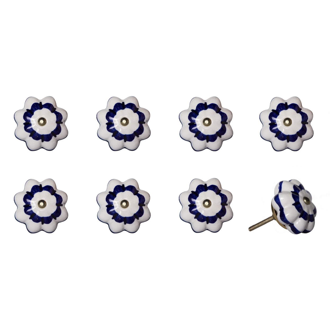Hand-Painted White and Blue Ceramic Floral Knob Set