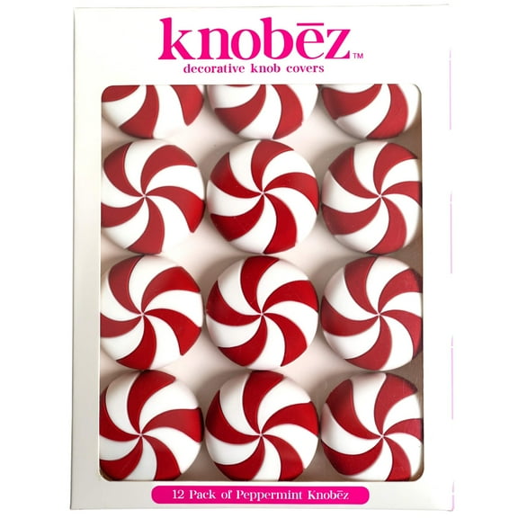 Knobz: Decorative Knob Covers - Red Peppermint - 12pk - Stretch Over Hardware Decorations, Holiday-Winter-Christmas, Kitchen-Bathroom-Dressers-Home