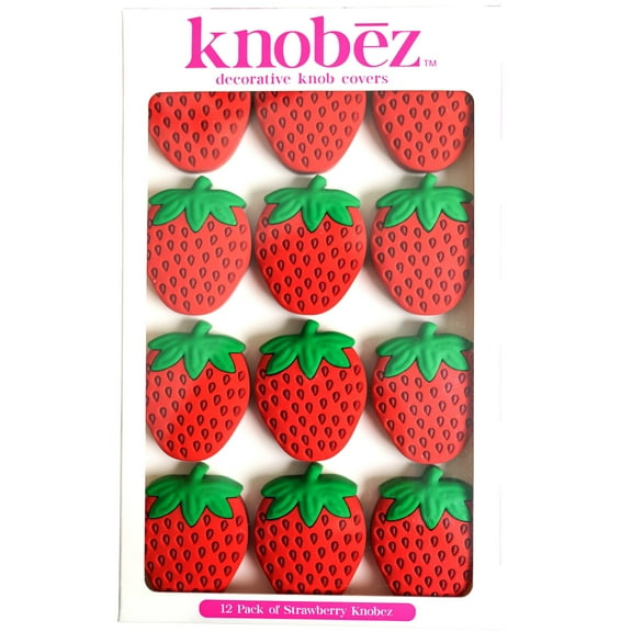 Knobz: Decorative Knob Covers - Strawberry - 12pk - Stretch Over Hardware Decorations, Fruit Shaped, Seasonal-Summer, Kitchen-Bathroom-Dressers-Home