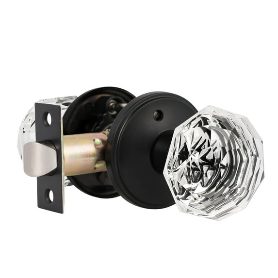 Knobelite (1 Pack) Diamond Round Crystal Door Knobs,Privacy Door Knobs Matte Black Door Lock Set, Privacy - Bed/Bath Function,Crystal Glass Keyless Door Handle Interior,Modern Lock in Black Finish