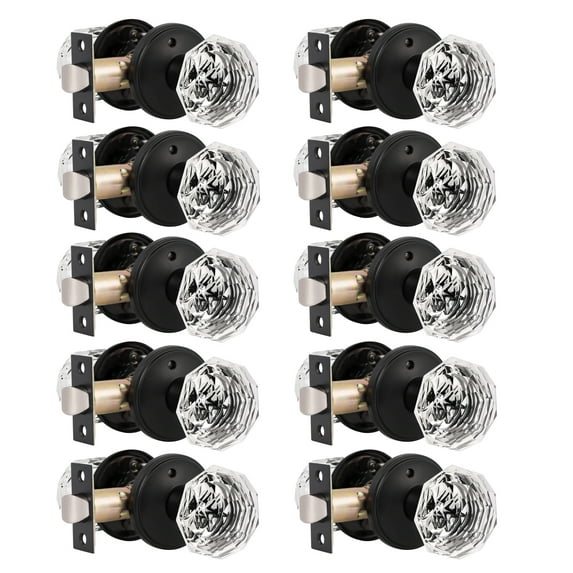 Knobelite (10 Pack) Diamond Round Crystal Door Knobs,Privacy Door Knobs Matte Black Door Lock Set, Privacy - Bed/Bath Function,Crystal Glass Keyless Door Handle Interior,Modern Lock in Black Finish