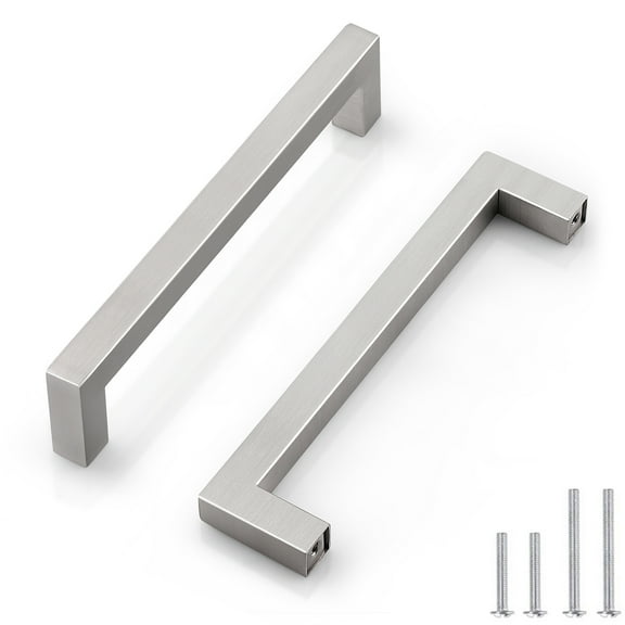 Knobelite 10 Pack Stainless Steel Kitchen Cabinet Handles Hole Centers 6-1/4 inch 160mm Square Cabinet Pulls Brushed Satin Nickel Dresser Drawer Pulls