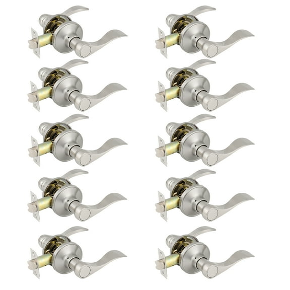 Knobelite (10 Packs) Passage Door Lever [Non-Locking Lever Set], Non-Locking Door Handle Set for Hallway or Closets, Keyless Satin Nickel Finish Wave Door Lock, Reversible Right & Left Side Handed