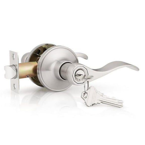 Knobelite (3 Pack Entry Door Lever [Lock with 3 Keys],Locking Door Handle Set for Office or Front Door,Satin Nickel Finish Wave Entrance Door Lock with Key, Reversible Right & Left Side Handed