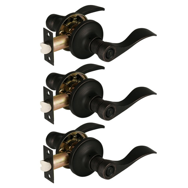 Knobelite (3 Pack) Privacy Door Lever[Thumb Turn Lock on The Inside],Locking Door Handle Set for Bedroom & Bathroom Doors,Keyless Oil Rubbed Bronze Wave Door Lock, Reversible Right & Left Side Handed