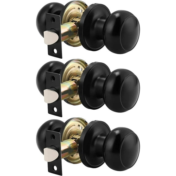 Knobelite (3 Pack) Round Passage Door Knob (Non-Locking Knobs), Keyless Doorknobs Interior / Exterior Door Lockset, Passage Knobs for Hallway / Closet, Black Finish Modern Design Door Hardware