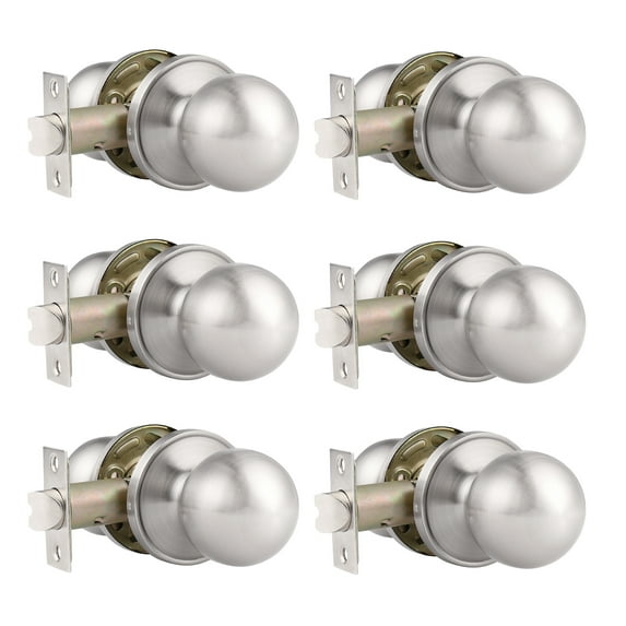 Knobelite (6 Pack) Hall / Closet Room Round Door Knob, Passage Function for Hall / Closet, Interior Door Lock Handle Satin Nickel Finish, Keyless (Non-Locking Knobs) Interior Door Handles Locks