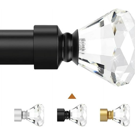 Knobelite Black 2 Pack Window Treatment Single Curtain Rod, Adjustable Drapery Rod Set from 48 to 86 Inches with Crystal Finial Finials(4-7.2ft), 1-Inch Diameter Curtain Rods for Windows