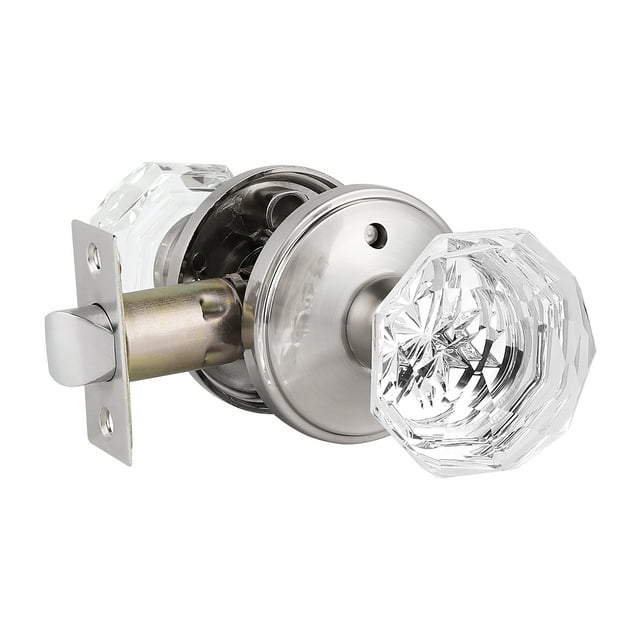 Knobelite Hardware (1 Pack) Diamond Crystal Door Knobs, Keyless Knobs Privacy Function for Bed and Bath Doors, Classic Round Glass Door Lock Satin Nickel,Perfect for Replacing Broken Antique Lock