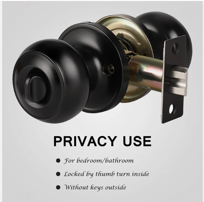 Knobwell New Privacy Door Knob Lock Keyless Black Round Bed/Bath Interior Use
