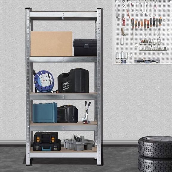 Knocbel 5 Tiers Industrial Design Galvanizing Metal Rack Large Storage Capacity Shelf with Adjustable Shelves and Durable Solid Structure, 29.5"W x 11.8"D x 59.1"H Silver Gray