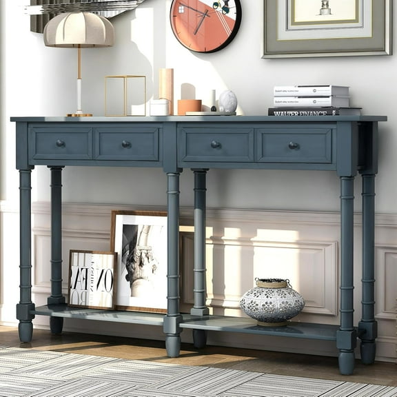 Knocbel 58in Long Accent Entry Console Table with Drawers & Bottom Open Shelf, Solid Wood Sofa Couch Side Table for Entryway Hallway Living Room (Antique Navy)