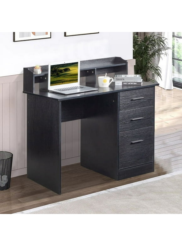 Knocbel Computer Desk with Small Shelf and Three Storage Drawers for Office Home, Compact Size and Nice Workmanship, Wood Grain Tabletop & Drawer Front, 43.3"W x 19.7"D x 37.4"H Black