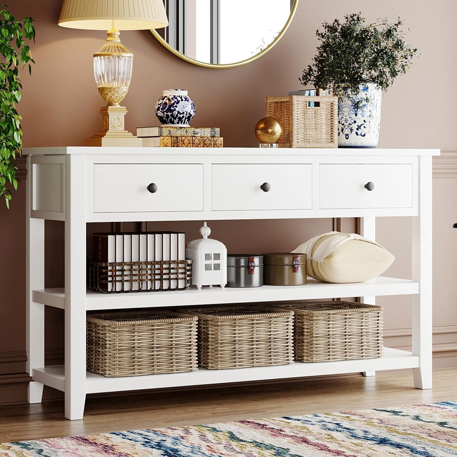 Knocbel Console Table with 3 Drawers 2 Layers Shelves, Solid Pine Wood ...