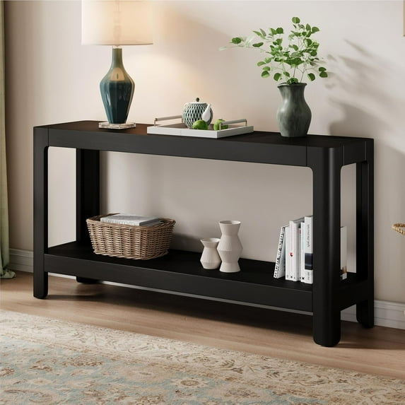 Knocbel Console Table with Rounded Edge and Bottom Shelf, Farmhouse Sofa Tables with Premium Wood Veneer for Entryway Hallway Living Room, 59" W x 15.75" D x 29.92" H, Black