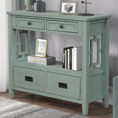 Knocbel Farmhouse Entry Console Table with 2 Storage Drawers 2 Cabinets and Open Shelf, Entryway Hallway Living Room Kitchen Sofa Table, 36.02" W x 12.99" D x 31.5" H, Retro Blue