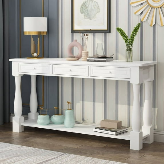 Knocbel Functional Vintage Wood Console Table Sofa Table with Bottom Open Shelf and 3 Storage Drawers for Hallway Entryway Living Room, 57.8"W x 15"D x 34"H White