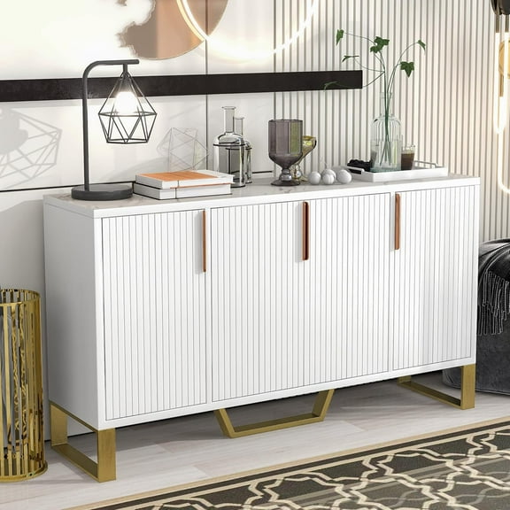 Knocbel Modern 60in Buffet Sideboard Console Table with Faux Marble Top, 4 Doors and Adjustable Shelves, Entryway Hallway Foyer Table Cabinet with Metal Golden Legs & Handles (White)