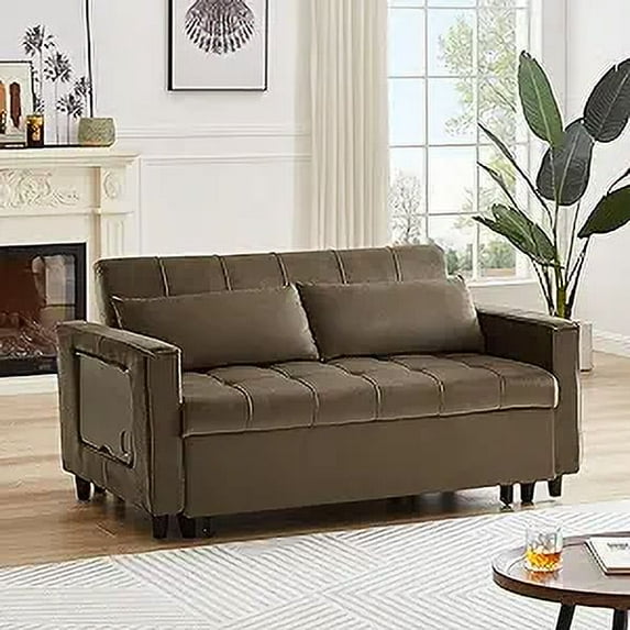 Knocbel Modern Multifunctional Velvet Recliner Sofa Convertible Sofa Bed with Side Coffee Table, Pullout Bed, 2 Lumbar Pillows and Adjustable Backrest, 58.26"W x 37.99"D x 31.49"H Light Brown