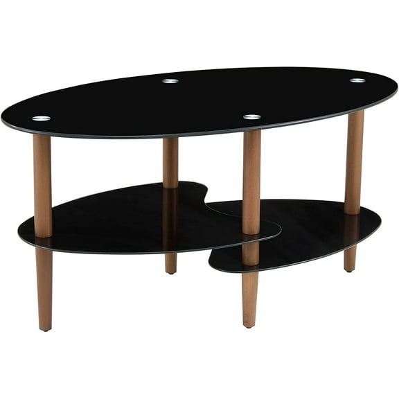 Knocbel Modern Tempered Glass Oval Coffee Table with Wooden Legs, Living Room Sofa Couch Side 3-Tier Cocktail Tea Table, 35.4" W x 19.7" D x 17.7" H (Black and Brown)