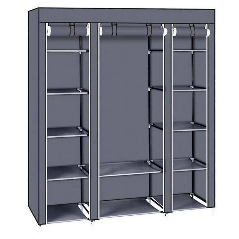 Knocbel Non Woven Fabric Portable Clothes Wardrobe Storage Organizer Closet with 12 Storage Shelves and Movable Clothes Hanging Rod Easy for Assembly 58 W x 17 D x 68 7 8 H Gray Walmart