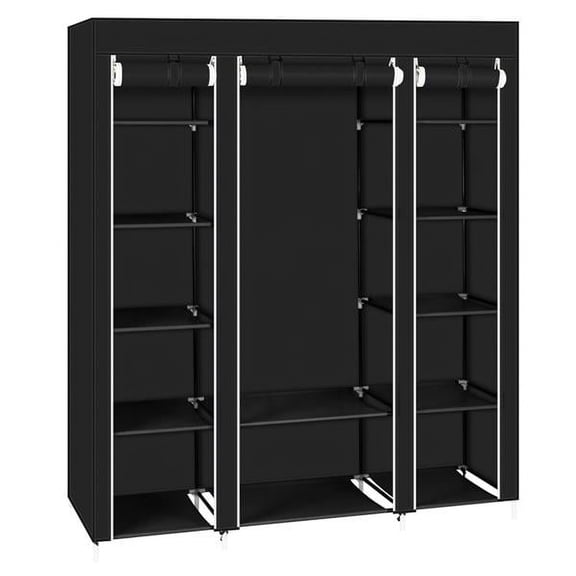 Knocbel Non-Woven Fabric Portable Clothes Wardrobe Storage Organizer Closet with 12 Storage Shelves and Movable Clothes Hanging Rod, Easy for Assembly, 58"W x 17"D x 68 7/8"H Black