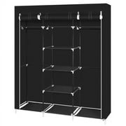 Knocbel Portable Closet Clothes Wardrobe Movable Storage Organizer With Double Clothes Hanging Rod, Stable Steel Tube Frame & Selected Non-Woven Fabric Cover, 59"W x 17"D x 68 7/8"H Black