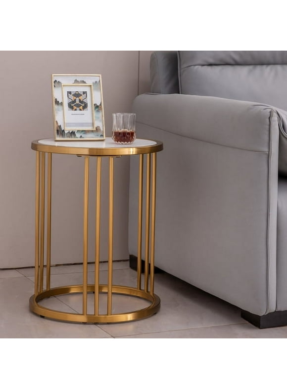 Knocbel Round End Table Side Table Elegant Design Small Coffee Table with Golden Stainless Steel Frame, Marble Color Sintered Stone Tabletop and Anti-slip Pads, 15.7"Dia x 20.1"H