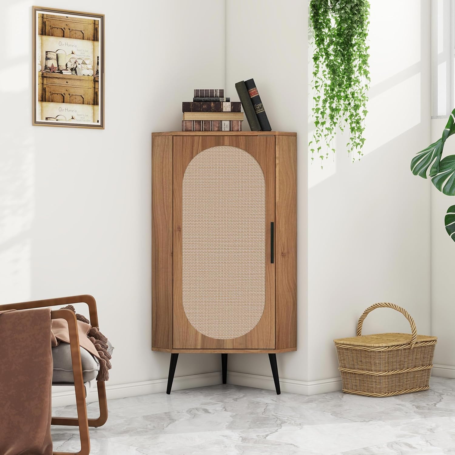 Knocbel Rustic Corner Storage with Rattan Door and Adjustable