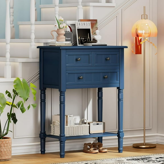 Knocbel Slim Antique Entry Console Table with 3 Drawers & Bottom Open Shelf, Solid Wood Narrow Sofa Couch Table for Entryway Hallway Living Room 23.7" W x 13" D x 31.4" H Navy Blue