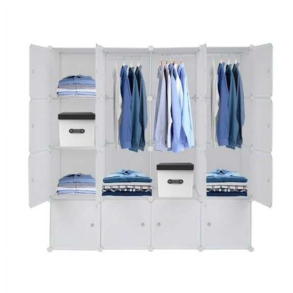 Knocbel Stackable 4-layer 16-Cube Clothes Organizer Storage Cube Closet with 3 Clothes Rails, Plastic + Steel Wire, Free to Assemble, 55.2"W x 17.7"D x 55.2"H White