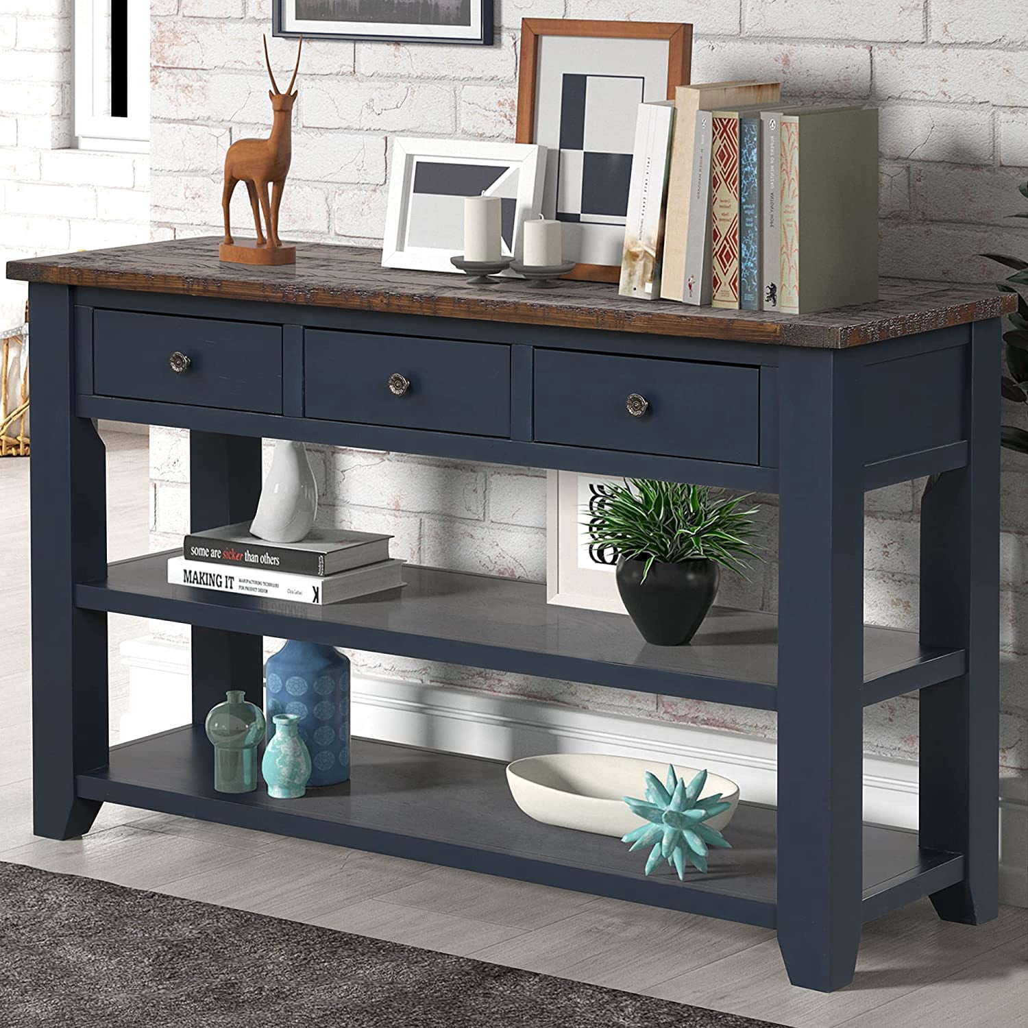 Knocbel Wood Console Table with 3 Drawers and 2 Shelves, Vintage Sofa ...