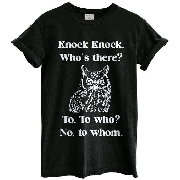 Knock Knock Owl Fun Literary Graphic Tee T-Shirts for Women Men, Short Sleeve Tops - Vintage Black