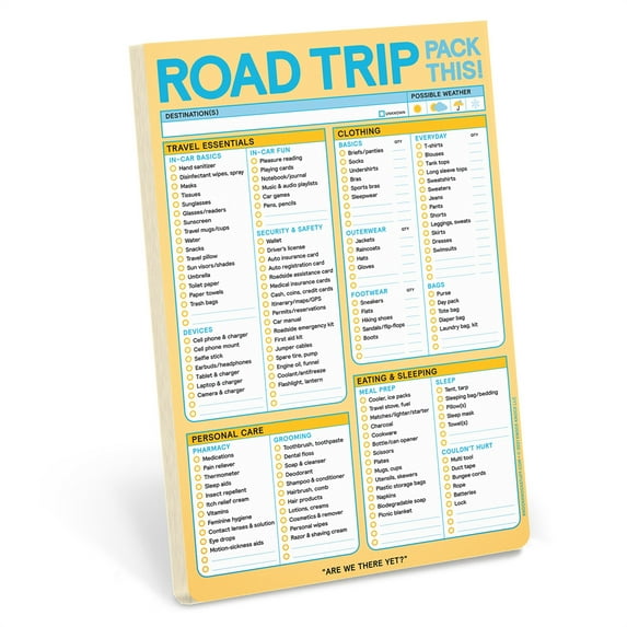 Knock Knock Road Trip Packing List Checklist Note Pad, Yellow