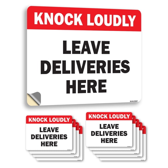 Knock Loudly Leave Deliveries Here Public Safety Vinyl Decal Label 14 Inch x 10 Inch - 10 Pack