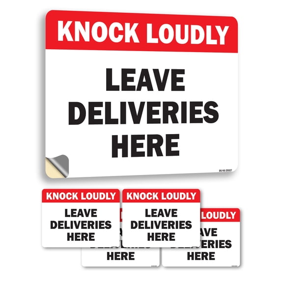 Knock Loudly Leave Deliveries Here Public Safety Vinyl Decal Label 5 Inch x 3.5 Inch - 5 Pack