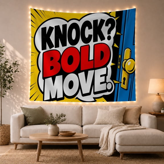 Knock Move Dynamic with Comic Book Burst Cloud, Inspirational Illustration for Art Lovers, Typography Wall Art, Graduation Gift, Tapestry Wall Hanging for Bedroom and Living Room