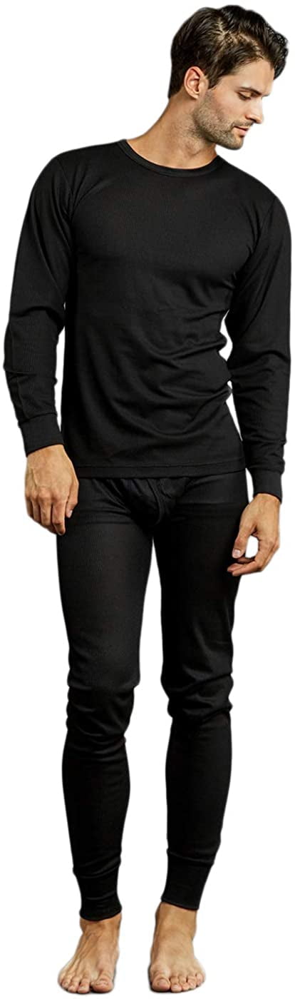 Men's 2-Piece Long Johns Thermal Underwear Pajama Set (Black, L)