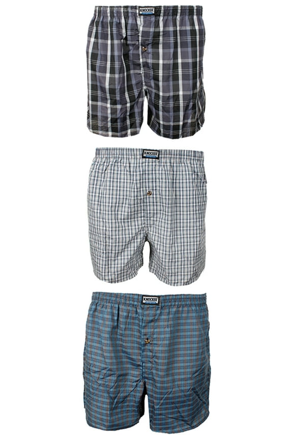 Men's 3 Pack Plaid Button Fly Boxer Shorts Blue Multi L