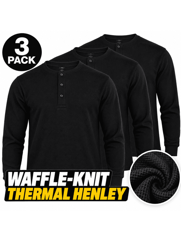 Men's Classic Waffle Knit Medium Weight Thermal 3-Buttons Henley Long Sleeve Tee Shirts Top